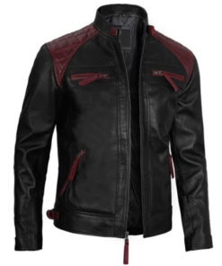 Black and Maroon Quilted Biker Leather Jacket