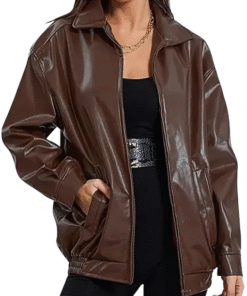 Brown Oversized Leather Bomber Jacket For Women's