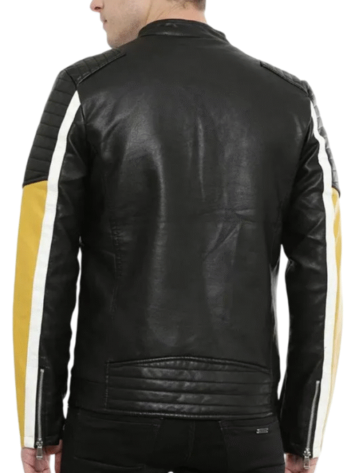 Yellow, White & Black Men's Quilted Leather Motorcycle Jacket